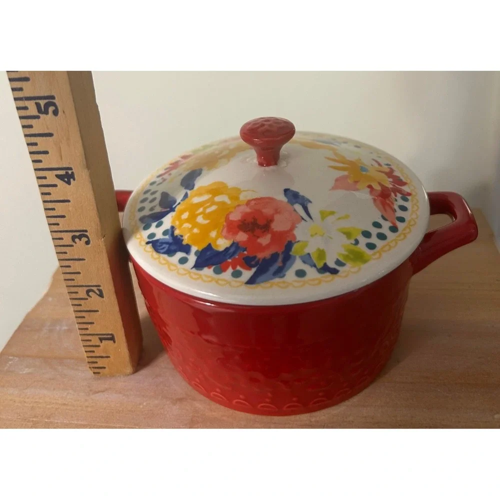 Pioneer Woman Fiona Floral Mini Casserole Dish w/Lid Red 14.4 oz Stoneware